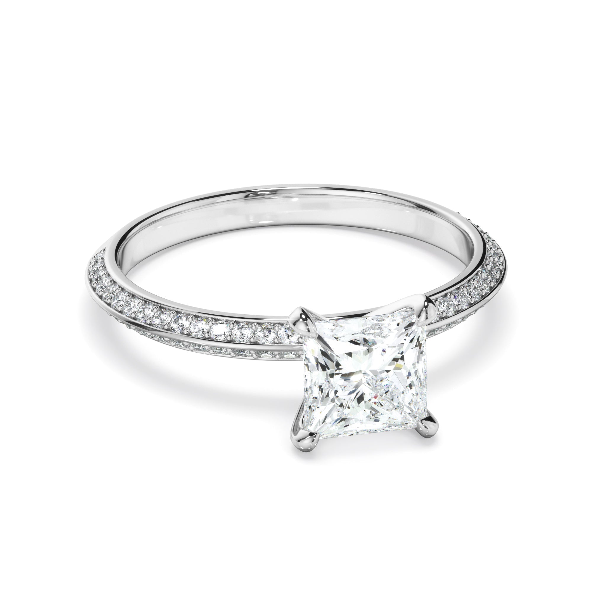 Princess Cut Diamond Knife Edge Engagement Ring With Diamond Pave Sides