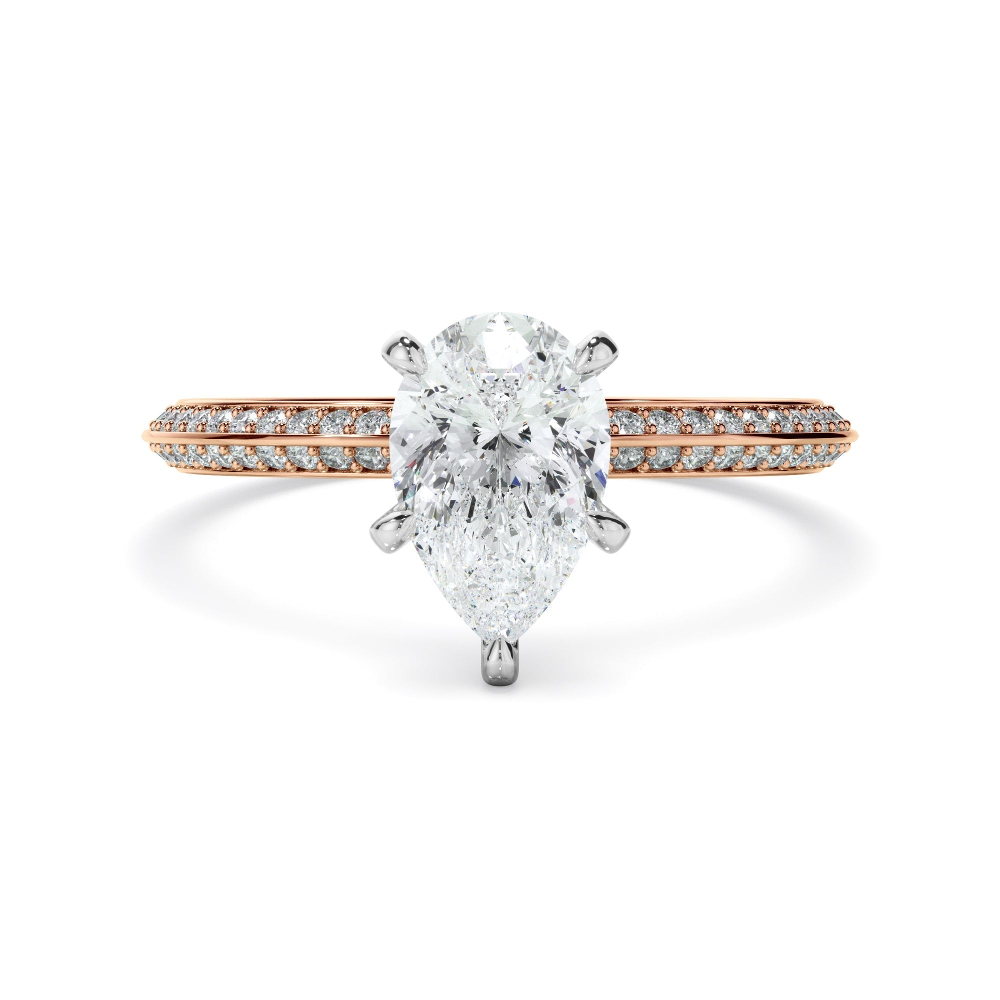 Pear Cut Diamond Knife Edge Engagement Ring With Diamond Pave Sides