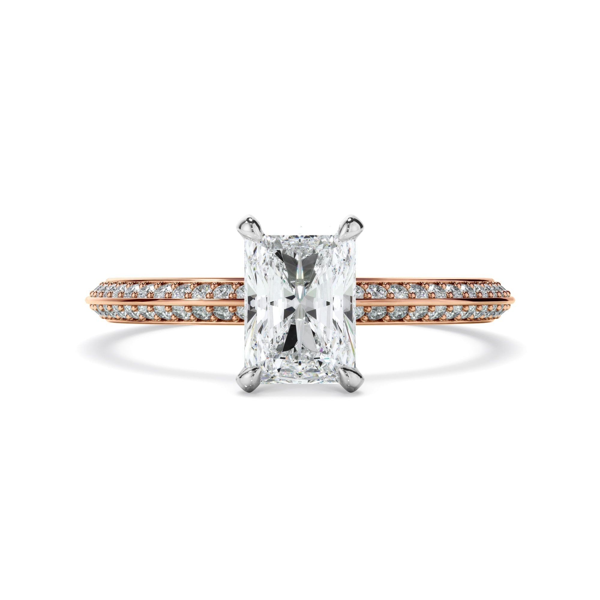 Radiant Cut Diamond Knife Edge Engagement Ring With Diamond Pave Sides