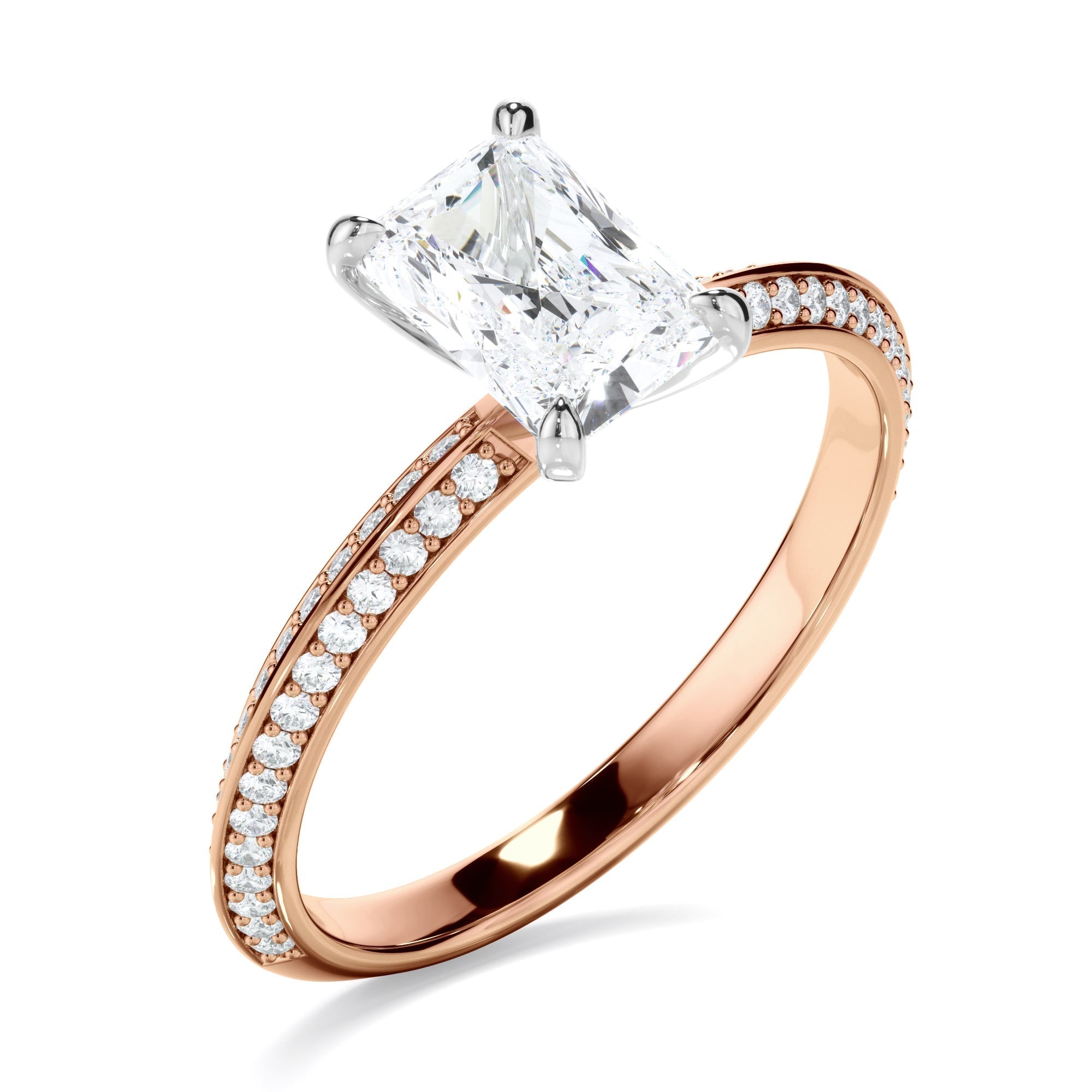 Radiant Cut Diamond Knife Edge Engagement Ring With Diamond Pave Sides