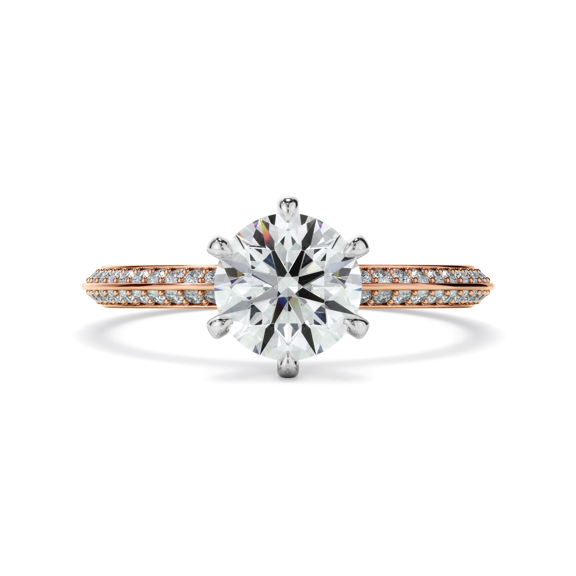 Round Brilliant Cut Diamond Knife Edge Engagement Ring With Diamond Pave Sides