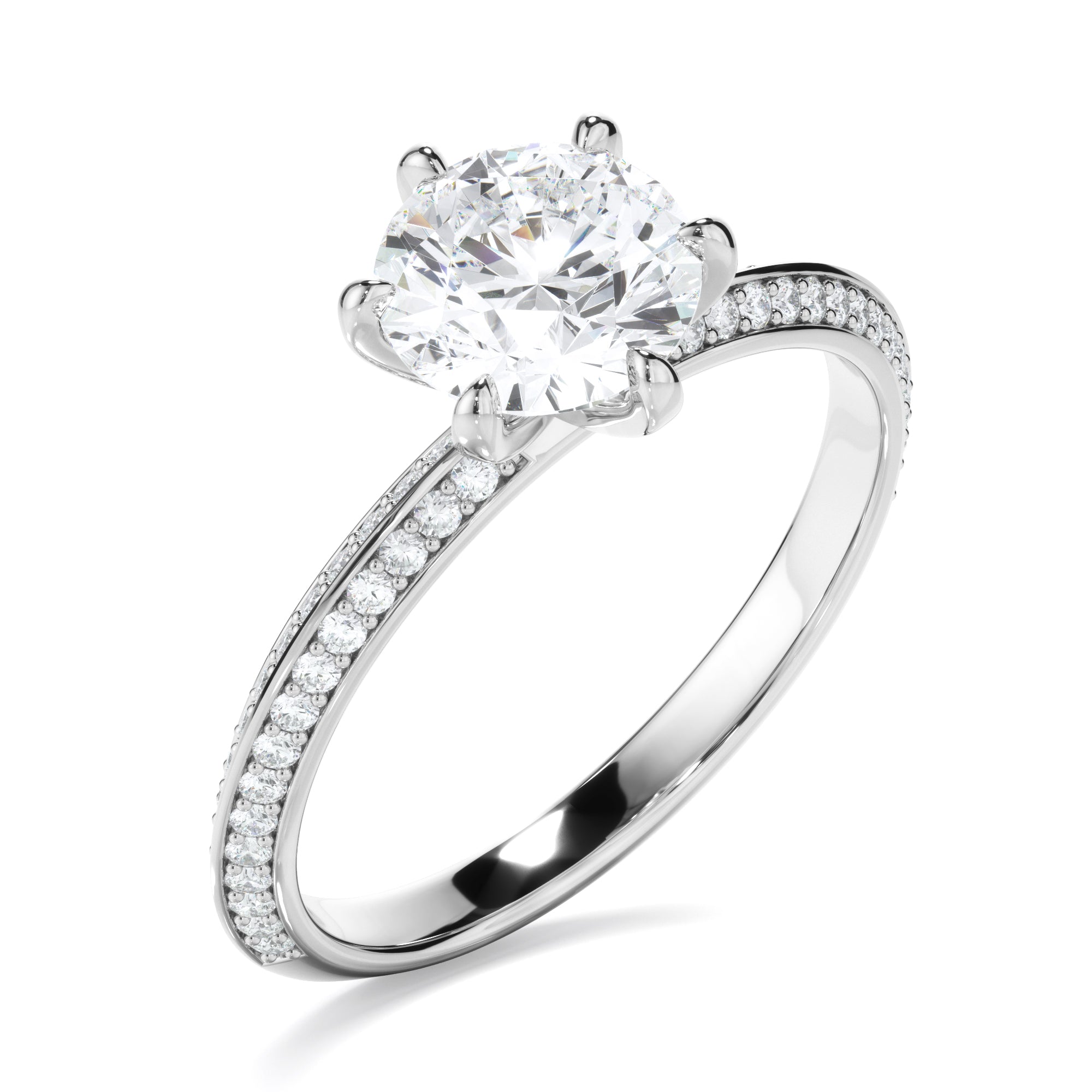 Round Brilliant Cut Diamond Knife Edge Engagement Ring With Diamond Pave Sides